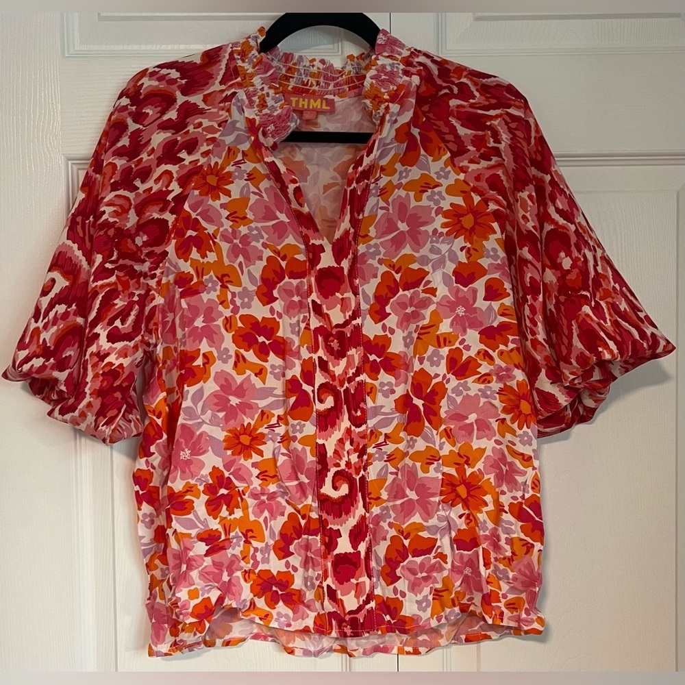 THML Pink & Orange Floral Short Sleeve Blouse